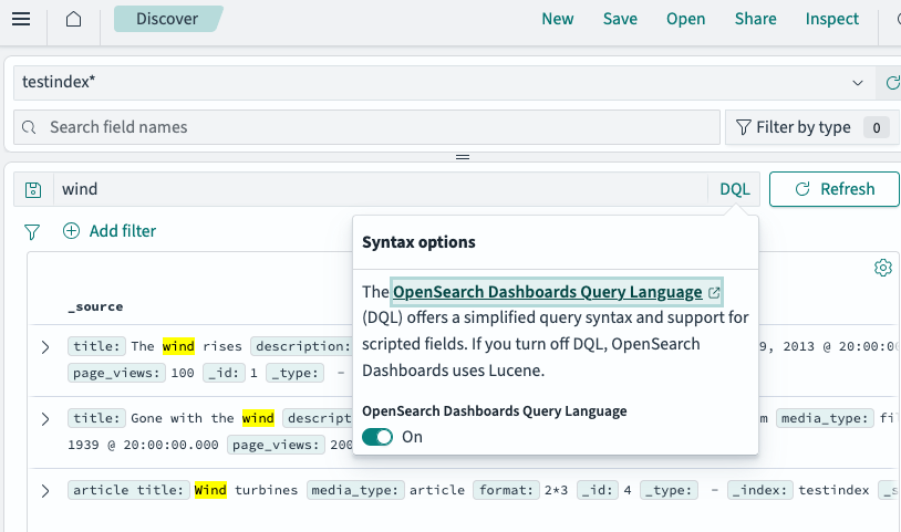 Search term using DQL toolbar in Dashboard