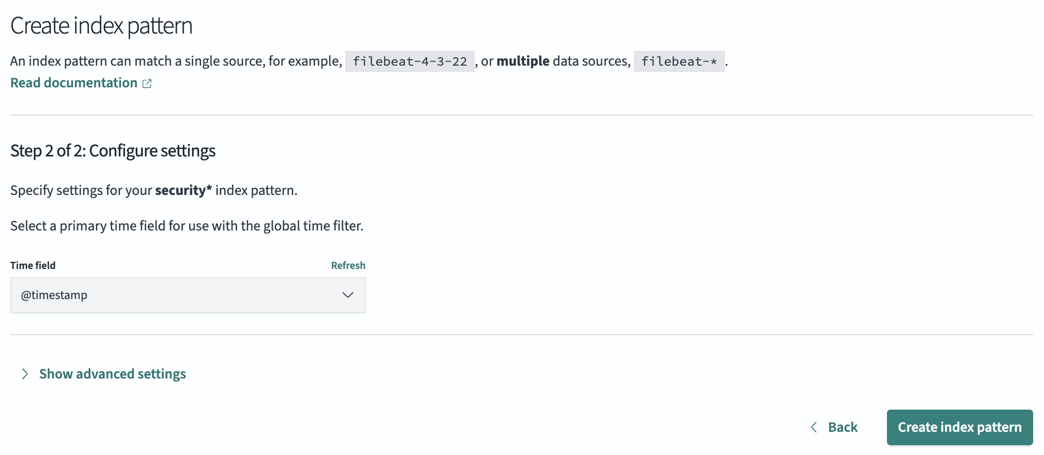 Index pattern step 2 UI