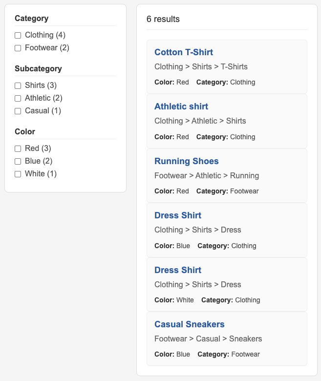 Faceted search results with hierarchical flat categories