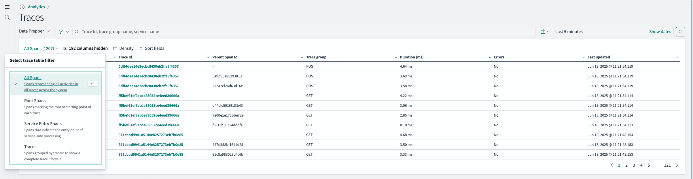 Drop-down menu and custom data grid in Trace Analytics